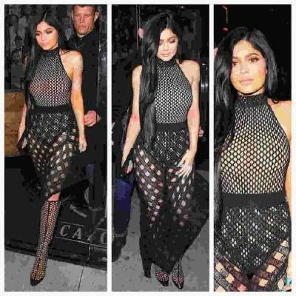 Kylie Jenner Steps Out In Fishnet Gown [Photos]